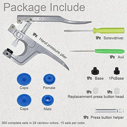 360Pcs T5 12mm Snap Button Plastic with Snap Press Plier Resin Snaps Hand Tool Snaps Fastener with Organizer Storage Containers for Sewing and Crafting