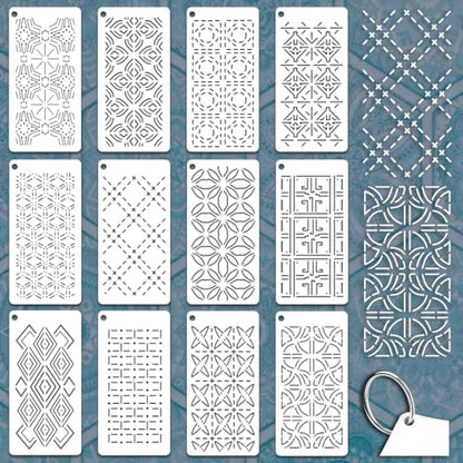 12 Sheets Sashiko Painting Stencils, 12 Styles Geometric Sashiko Pattern Quilting Drawing Templates Reusable Border Stencil for Sewing Embroidery Scrapbooking DIY Ornaments - style: Geometric