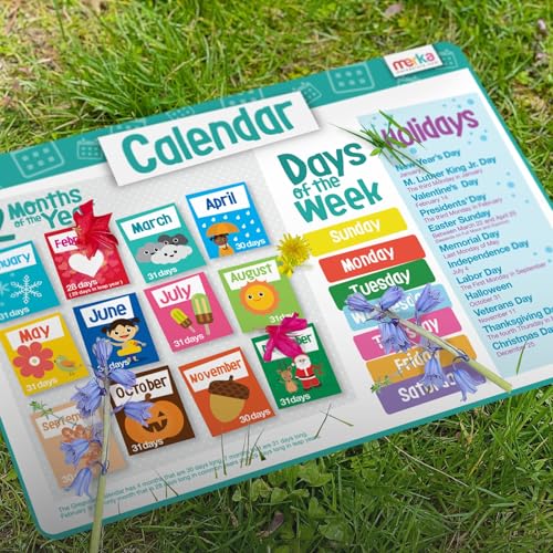 Merka Kids Placemat for Dining Table - 4 Pack 17 x 11 in Multicolor - Teaching Time, Money & Kids Calendar - Four Seasons Scenes - Silicone Reusable & Wipeable - style: Time, Money, Calendar, Seasons