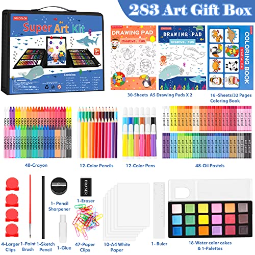 Soucolor Art Supplies, 283 Pieces Drawing Set Art Kits with Trifold Easel, 2 Drawing Pads, 1 Coloring Book, Crayons, Pastels, Arts and Crafts Gifts Case - color: Black