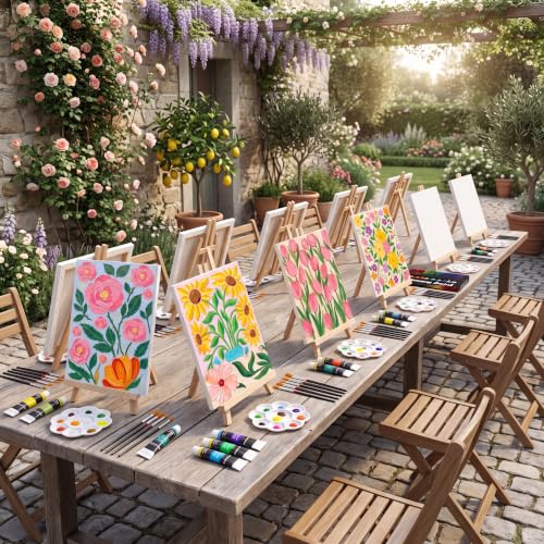 Cholemy 36 Pcs Paint and Sip Kit for Adults 8''x10'' Pre Drawn Canvas for Painting DIY Afro Acrylic Painting Kit Wood Easel Brushes Date Night Bulk for Summer 4th of July Party Gift(Fresh Flowers) - style: Fresh Flowers
