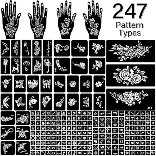 14 Temporary Tattoo Stencils, 4 Hand Tatouage 247 PCS Stencils Reusable Tattoo Stencil for Face Body Art Painting for Women Men Adults Kids - color: 14 sheets, 247pcs