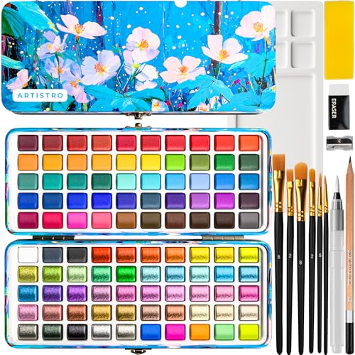 ARTISTRO 100 Color Watercolor Paint Set - Portable Paint Art Kit in Blue Floral Metal Case with Palette and Brush Pens - Travel Water Color Set for Adults, Professionals and Amateurs - style: 100 Colors Portable Travel Limited