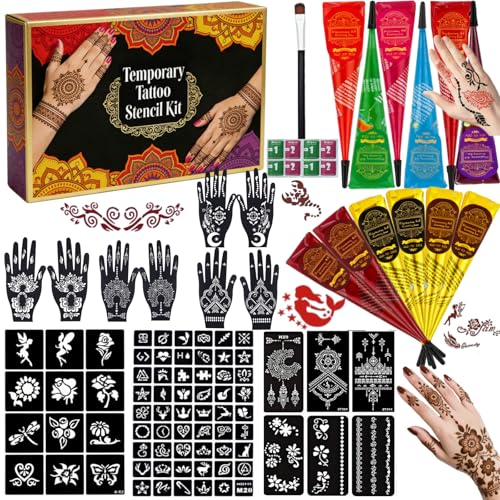 12 Tattoo Cones Temporary Tattoo Kit,Large 16 Sheets Temporary Tattoo Stencils with 9 Colors Tattoo Cones, Unique Designs Pattern for Kids Adults,Body Art DIY Skin Painting Gifts for Party Festival - color: C-12Pcs