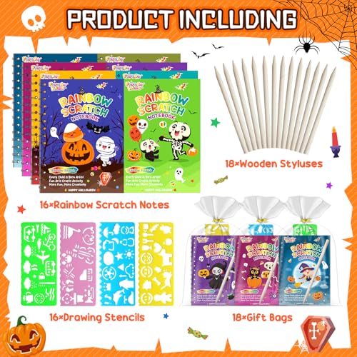 Halloween Scratch Art Party Favors: 16 Pack Rainbow Scratch Notebook Paper Party Favors for Kids Halloween Goodie Bags Stuffers Girls Boys Art Craft Birthday Gifts for Students Classroom - style: 16 Pack Halloween