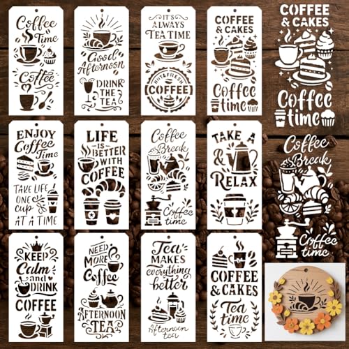 12 Sheets Stencils for Painting, 12 Styles Coffee Afternoon Tea Designs Drawing Templates Reusable Art Stencil for Hand Forearm Painting on Wall Wood Home Decor - style: Coffee
