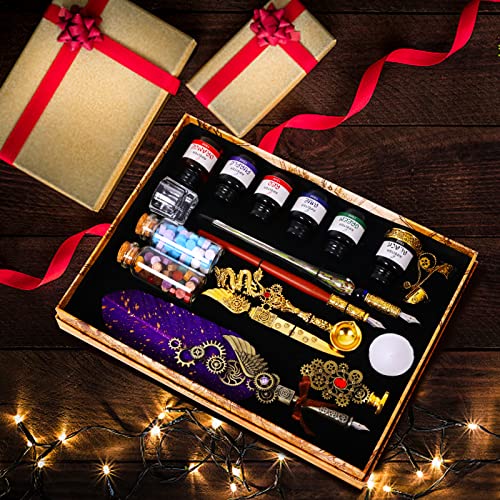 Aifeiter Feather Pen Ink Set, Wax Seal Stamp, Feather Calligraphy Pen, Birthday & (Purple) - color: Purple
