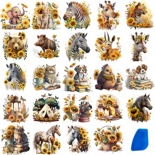 ZMRU 24 Sheets of Watercolor Style Rub on Transfers for Crafts - Perfect for Glass, Porcelain, Leather, Canvas, and Fabric Projects - IOD Transfers Included,3 * 3inch (Sunflower Animal) - style: Sunflower Animal
