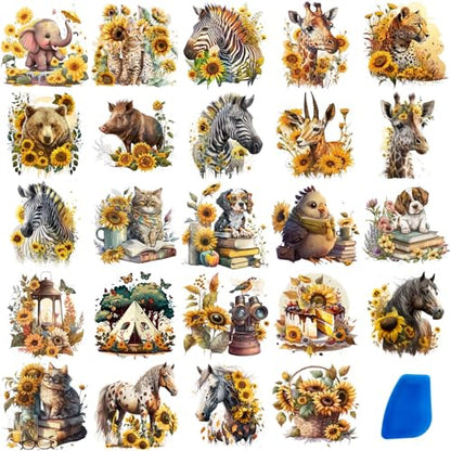 ZMRU 24 Sheets of Watercolor Style Rub on Transfers for Crafts - Perfect for Glass, Porcelain, Leather, Canvas, and Fabric Projects - IOD Transfers Included,3 * 3inch (Sunflower Animal) - style: Sunflower Animal