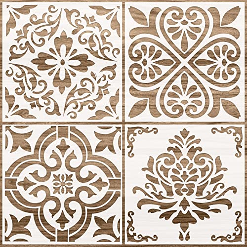 Zonon 4 Pcs 12 x 12 Inches Reusable Tile Stencil for Painting Large Pattern Floor Wall Templates Flower Damask Talavera Moroccan Mehndi for DIY Crafts Concrete Plaster Decor(Flower Style) - size: 12 x 12 Inches, style: Flower Style