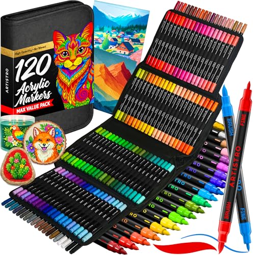 ARTISTRO Acrylic Paint Pens With Storage Bag for Calligraphy - Markers With Brush and Fine Precision Tips - Multisurface Painting for Fabric, Rock, Glass, and More (120 Markers, Dual Tip Brush + Fine) - size: 120 Count (Pack of 1)