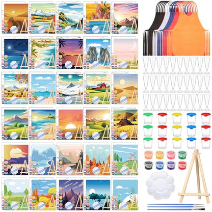 Sherr 285 Pcs 30 Sets Sip and Paint Kit for Adults, Pre Drawn Canvas Kit for Painting Acrylic Painting Favor Bulk for DIY Birthday Gifts Adult Date Night Party Suppliers(Beautiful Scenery) - style: Beautiful Scenery