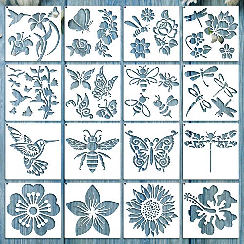 Zonon 16 Pieces Stencils for Painting, Reusable Large Butterfly Hummingbird Sunflower Stencil with Metal Open Ring, DIY Craft Templates for Spring Summer Wood Wall Canvas Home Decor(5.1 x 5.1 Inch) - size: 5.1 x 5.1 Inch