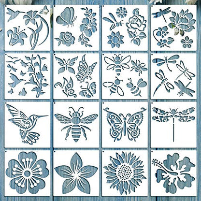 Zonon 16 Pieces Stencils for Painting, Reusable Large Butterfly Hummingbird Sunflower Stencil with Metal Open Ring, DIY Craft Templates for Spring Summer Wood Wall Canvas Home Decor(5.1 x 5.1 Inch) - size: 5.1 x 5.1 Inch