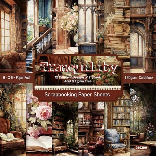 6x6 Scrapbook Paper Pad - 24 Sheets Dark Academia Vintage Library Cardstock, 160GSM Acid Free Decorative Craft Paper for Junk Journaling, Card Making Supplies (Tranquility) - color: Tranquility, size: 6"×6"