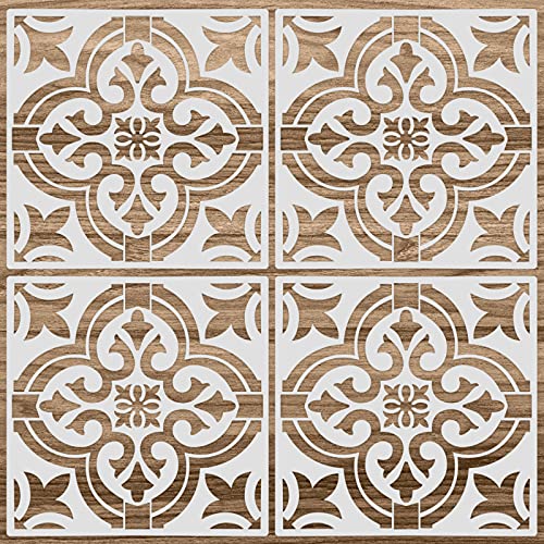 Zonon 4 Pcs 12 x 12 Inches Reusable Tile Stencil for Painting Large Pattern Floor Wall Templates Flower Damask Talavera Moroccan Mehndi for DIY Crafts Concrete Plaster Decor(Mandala Style) - size: 12 x 12 Inches, style: Mandala Style
