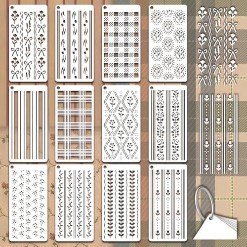 12 Sheets Country Style Stencils for Painting, 12 Styles Flowers Leaves Bows Stripes Checks Drawing Templates Vintage Stripe Plastic Art Templates for Painting on Wall Wood Home Decor - style: Country Style
