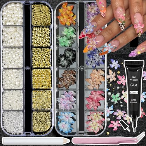 Flower Nail Art Charms with Rhinestones Glue Gel Cream Flatback Pearls Luxurious Nail Gems Supplies Accessories Gold Silver Nails Decoration Pearls for Women Nails Design - color: Colorful-20