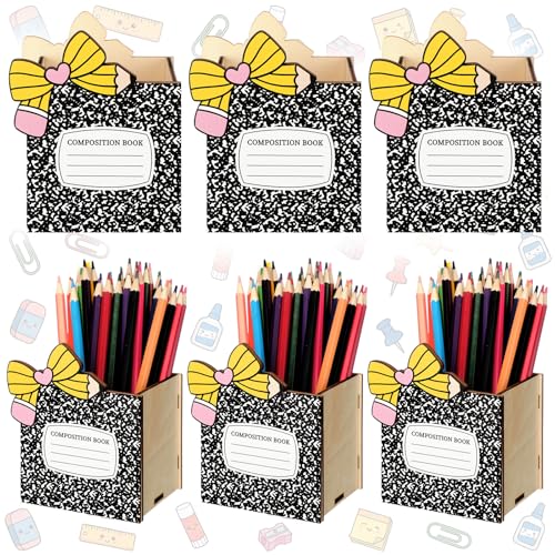 Zhehao 6pcs Composition Book Pencil Holders for Desk Back to School Notebook Wooden Pen Storage Organizer, Cute Desktop Pencil Cup, Stationery Pot Bulk for Back to School Classroom Office Supplies - style: Composition Book