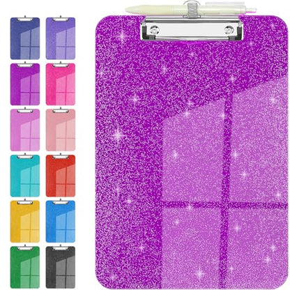 Sparkly Clipboard with Pen Holder, Clear Plastic Glitter Clip Board, Hanging Shiny Clipboards with Low Profile Metal Clip, Letter A4 Size for Taecher Women Office School (Dark Purple) - color: Dark Purple