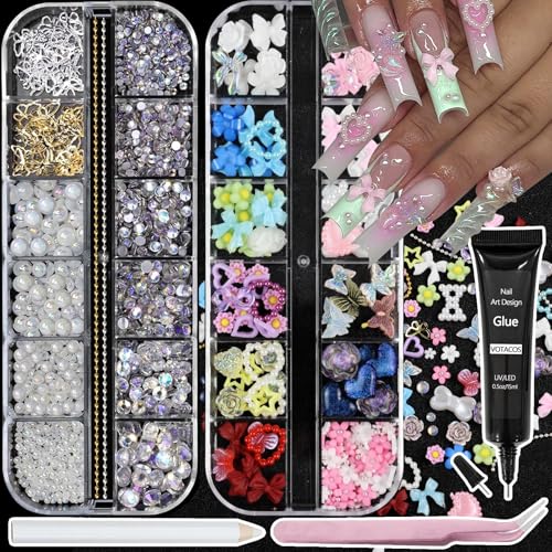 Nail Art Charms Flatback Nail Pearls Rhinestones with Rhinestones Glue Gel Flower Butterfly Nails Gems Supplies Accessories Clear Rhinestone for Women Nails Design Decoration - color: Colorful-24