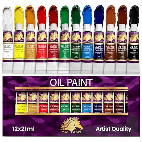 MyArtscape Oil Paint Set, 12 Colors, 12 x 0.71 fl oz (21 ml) Tubes, Artist Quality Lightfast Heavy Body Highly Pigmented Oil Paints with Excellent Coverage, Professional Painting Supplies
