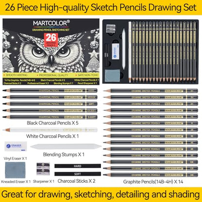 MARTCOLOR Drawing Sketching Pencil Set, 26 Pieces, Graphite Pencils (14B-4H), Charcoal Pencils, Charcoal Sticks, Blending Stump, Eraser, Sharpeners, Artist Pencils for Beginners & Pro Artists