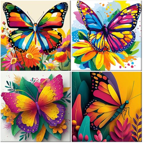 MAXBYE 4 Pack Paint by Number Kits with Pre Drawn Canvas Boards, Colorful Butterflies Color by Number Kits for Kids Ages 8-12，DIY Acrylic Oil Painting for Children Beginner Home Wall Decor 8x8 in - color: BK4ZH047