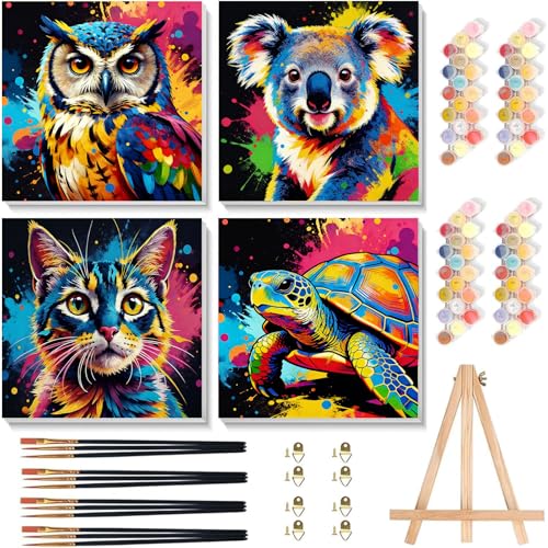 4 Pack Paint by Numbers Kit for Kids with Frame, Animals Kids Paint by Numbers Ages 4-8-12 with Wooden Easel,Easy Owl Koala Cat Turtle DIY Oil Painting by number for Gift Home Wall Decor(8x8 inch) - color: BKH2366+BKH2367+BKH2368+BKH2369-US