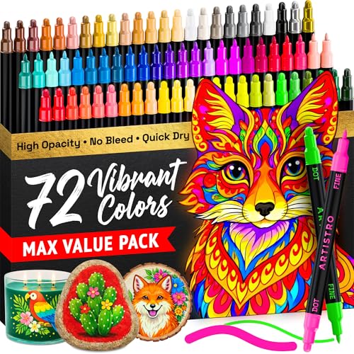ARTISTRO 72 Precision Dual-Tip Acrylic Paint Markers – Paint Pens Set with Dot & Fine Tips for Fabric, Rock, Glass, Wood, Coloring Books – Arts & Crafts Gift – Classroom Must Haves & School Supplies - style: Multicolor