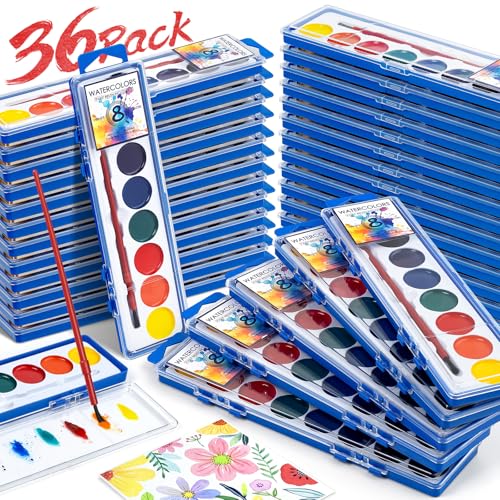 36 Pack Watercolor Paint Set Bulk,8 Colors Washable WaterColor Paint for Kids, Water Color Paint with Brushes, Ideal Valentine Party Favors, Art Supplies for School Classroom Home