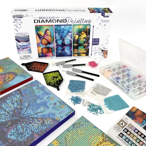 ArtSkills Diamond Painting Kit, Diamond Art Ready to Hang Framed Canvas with Storage and Accessory Kit, Enchanted Butterflies, 3 Stretched Canvas Panels, 14” x 7” Each - color: Enchanted Butterflies