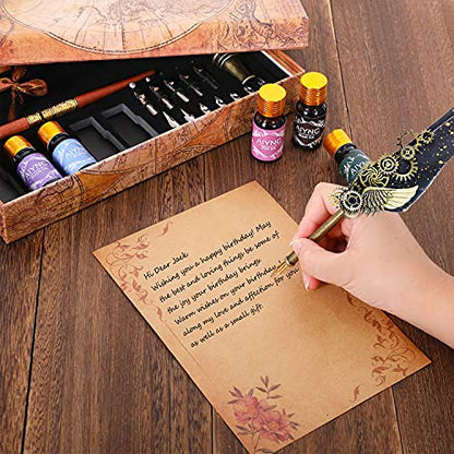 Quill Pen, Quill Pen Ink Set Including Mechanical Feather Pen and Wooden Dip Pen, 5 Colors of Ink, 12 Replacement Nibs, Pen Holder, Envelope and Letter Paper (Black) - color: Black