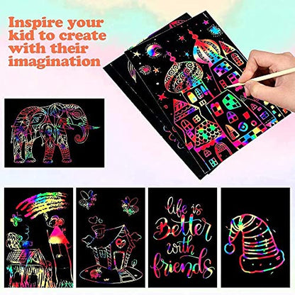 Mocoosy 60 PCS Rainbow Scratch Art Paper for Kids, Magic Scratch Paper Off Set Art and Craft Supplies, Black Scratch Pads Party Game Activities Birthday Gifts for Girls Boys 3 4 5 6 7 8 9 Years Old