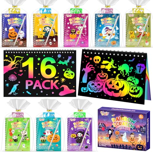 Halloween Scratch Art Party Favors: 16 Pack Rainbow Scratch Notebook Paper Party Favors for Kids Halloween Goodie Bags Stuffers Girls Boys Art Craft Birthday Gifts for Students Classroom - style: 16 Pack Halloween