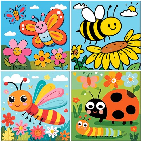 MAXBYE 4 Pack Paint by Number Kits with Pre Drawn Canvas Boards, Cute Insects Color by Number Kits for Kids Ages 8-12，DIY Acrylic Oil Painting for Children Beginner Home Wall Decor 8x8 in - color: BK4ZH055