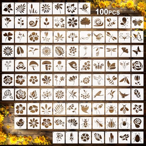 Fainne 100 Pcs Small Stencils for Crafts, 1.5 Inch Reusable Painting Stencils Painting Crafts Templates for Wood, Wall, Home Decor, Canvas, Fabric (Flower Bird Plants) - style: Flower Bird Plants