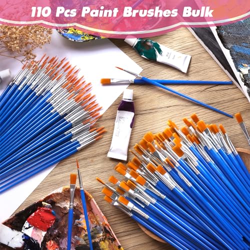 Small Paint Brushes Bulk, 110 Pcs Flat Tip Round Acrylic Paint Brushes for Kids Classroom Acrylic Watercolor Canvas Face Painting Touch Up - style: Mixed(55Flat+55Fine)