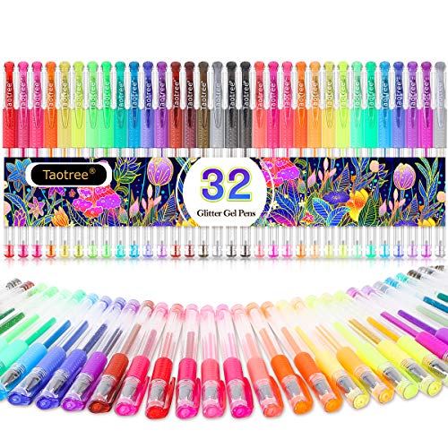 Taotree Glitter Gel Pens, 32 Colors Neon Glitter Pens, Colored Gel Markers | 40% More Ink Fine Point Art Markers Set for Adult Coloring Books, Drawing Art Supplies, School Journaling, Scrapbook Supplies - color: 32 Multicolor