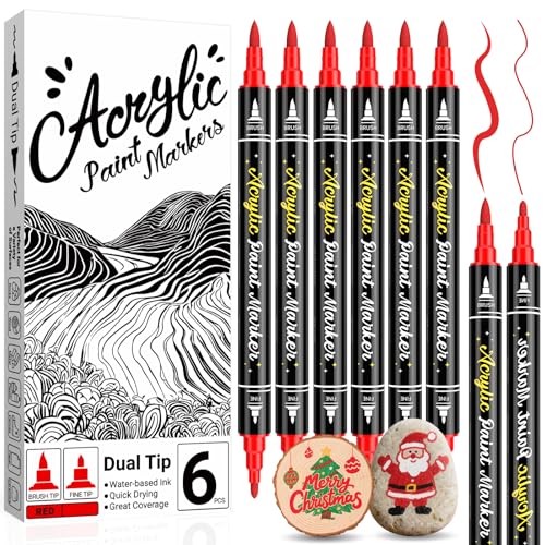 AKARUED Red Paint Marker for Rocks: 6 Pack Red Acrylic Paint Pen Dual Tip (Fine & brush), Non-Toxic, Water Based Acrylic Markers for Wood Painting, Plastic, Metal, Stone, DIY Crafts - color: Red
