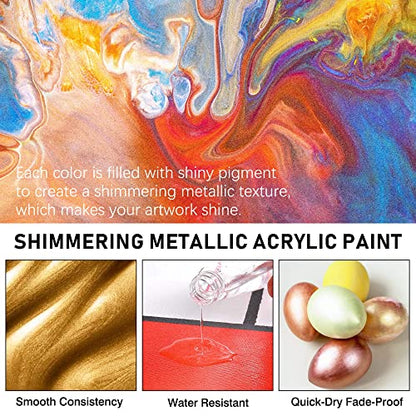 ABEIER Metallic Acrylic Paint, Set of 24 Metallic Colors in 2oz/60ml Bottle, Rich Pigments, Non Fading, Non Toxic Paints for Artist, Beginners & Kids Painting on Rocks Crafts Canvas Wood, Fabric&Stone - style: Metallic Colors