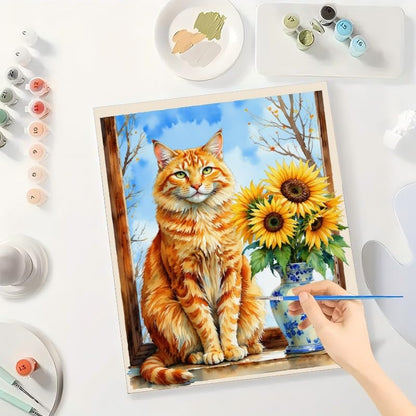 Animal Paint by Numbers Kit for Adults - DIY Orange Tabby Cat and Sunflowers Painting on Canvas 16x20 Inches, Acrylic Paint Set, Suitable for Beginners, Pet Art for Home Decoration or Gifts