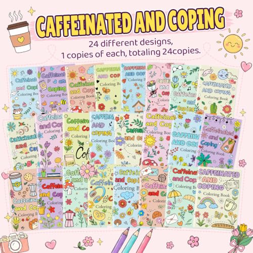 Liliful 24 Pcs Coffee and Coping Coloring Book Bulk Mini Coloring Books for Kids Adults DIY Art Relaxation Drawing Book with Patterns, Party Favors, Goodie Bag Filler and Holiday Gifts - style: Caffeine