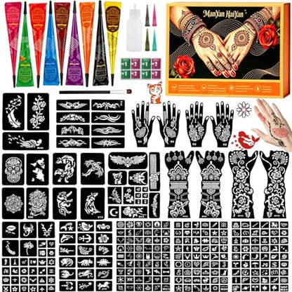 Temporary Body Art Tattoo Kit with 9 Colors Cones,18 Reusable Stencils, 255 Pcs Designed Tattoos Pattern,Mixing Bottles, Brush & Gloves, DIY Skin Art Set for Festivals, Parties & Creative Makeup - color: E-9Pcs