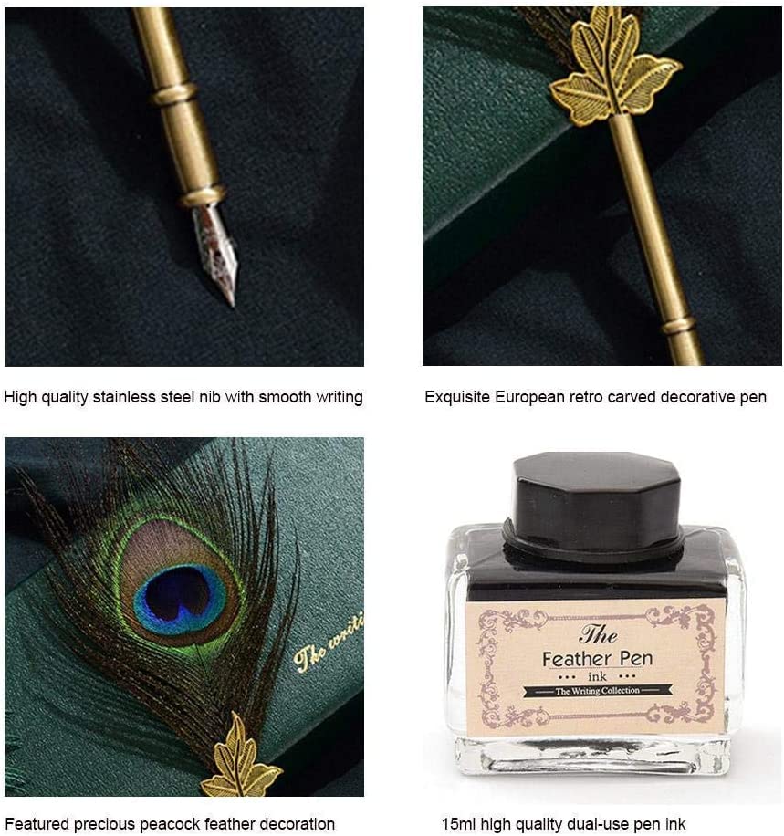 Peacock Feather Quill Pen Set- Vintage Writing Feather Calligraphy Pen with Pen Holder, as Birthday Xmas Gift