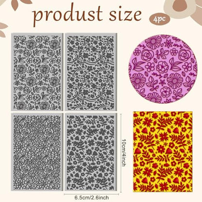 4 Sheets Flowers Pattern Polymer Clay Texture Sheet Leaves Patterns Rubber Texture Mat for Polymer Clay Making Earrings Jewelry DIY Crafts 4 × 2.5 Inch - style: Flowers Pattern
