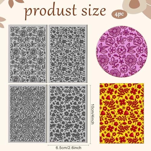 4 Sheets Flowers Pattern Polymer Clay Texture Sheet Leaves Patterns Rubber Texture Mat for Polymer Clay Making Earrings Jewelry DIY Crafts 4 × 2.5 Inch - style: Flowers Pattern