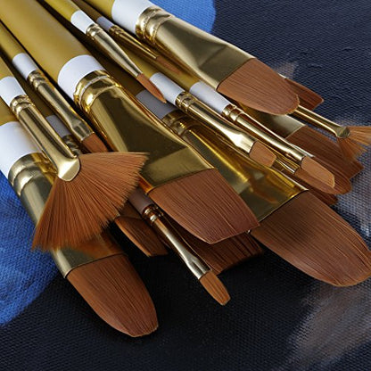 Creative Mark Qualita 24pc Acrylic Paint Brush Set - Gold Synthetic Taklon - Long Handles - Acrylic, Oil Compatible - 24 Piece Set
