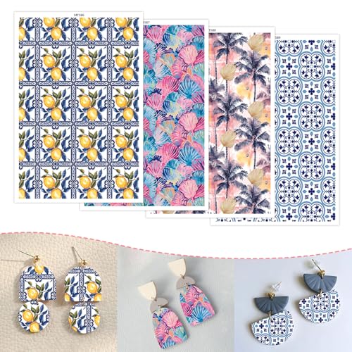 Floral Trees Transfer Paper for Polymer Clay, 4 Design 20 Pcs Water Transfer Sheets for Polymer Clay, Lemon Shell Pattern Polymer Clay Transfer Paper for DIY Art Jewelry Earrings Decor 5.82X3.93inch - color: 4 Patterns Sets