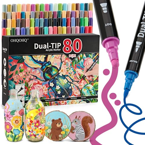 80 Colors Acrylic Paint Markers, Dual Tip Acrylic Markers Set with Fine & Dot Tip for Rock Painting, Stone, Wood, Canvas, Ceramic, Glass, Metal & Calligraphy - size: 80 Count (Pack of 1)